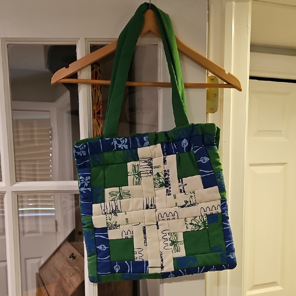 Handmade Patchwork Tote Bag - Green and Blue